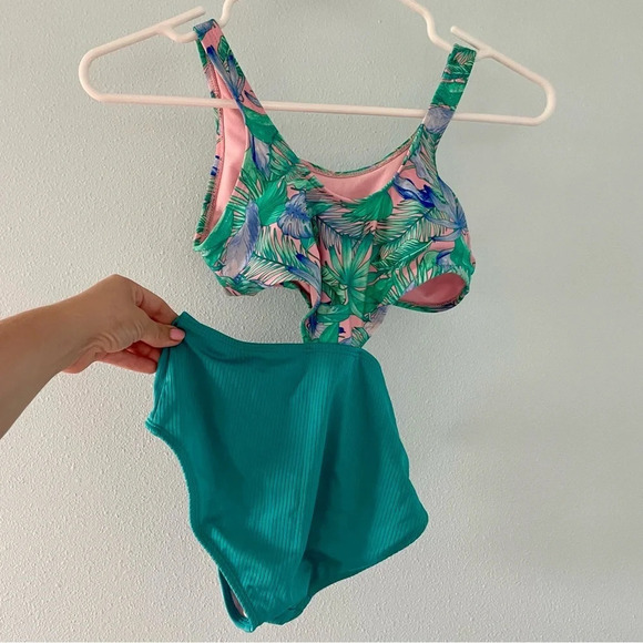 Art Class Girls' Floral Printed Tropical Twist Swimsuit  Light Blue L(10/12) - Picture 3 of 7